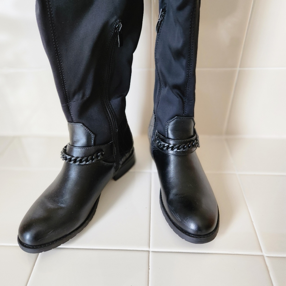 Atalina Black Chain Harness Knee High Riding Boots - Stretch Back Size 6.5 - Picture 3 of 15